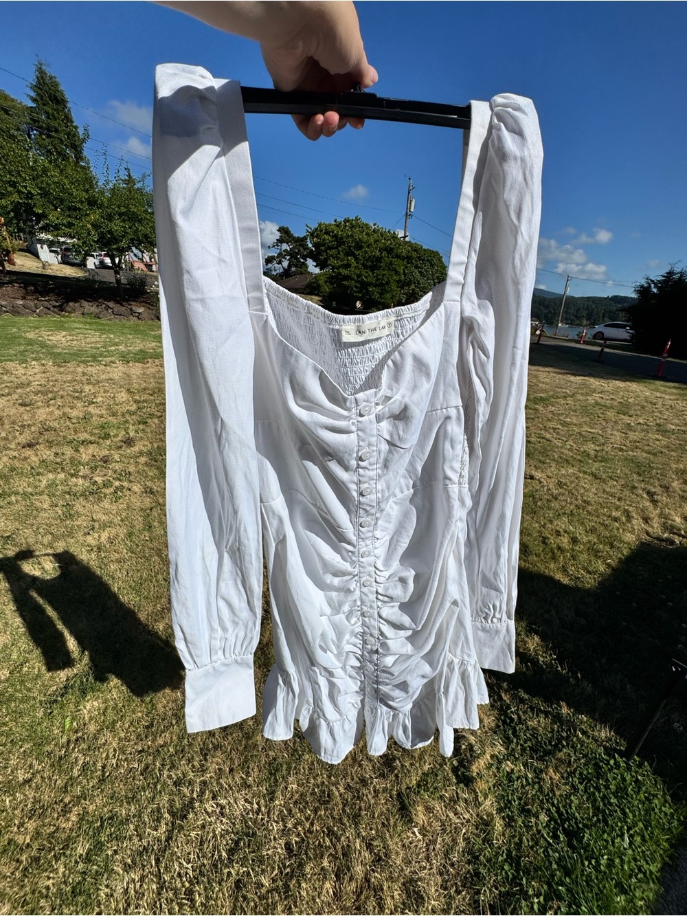Lani The Label White Ruched Button-Front Mini Dress with Long Sleeves